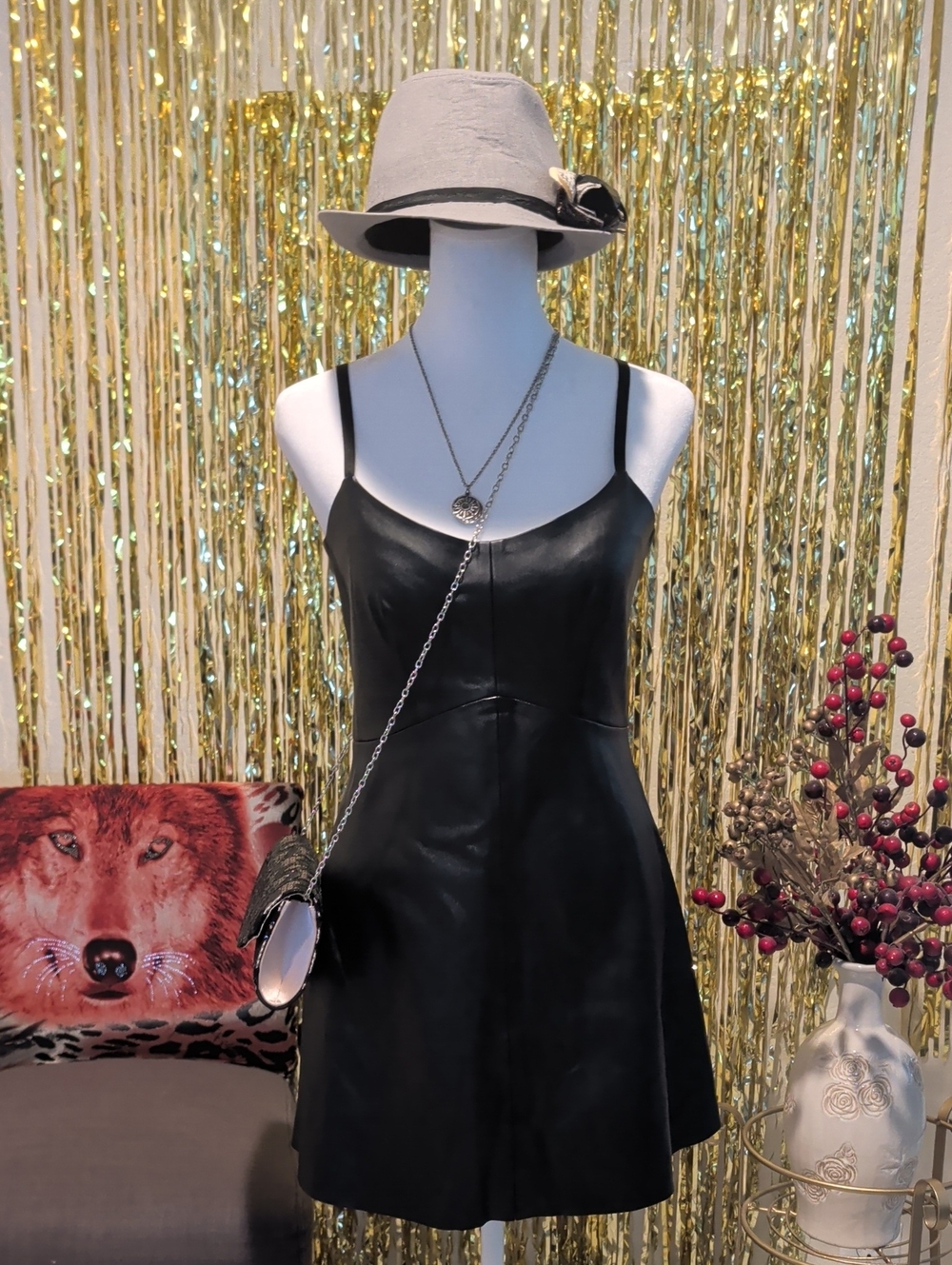 Current Mood Black Faux Leather Spaghetti-Strap Mini Dress